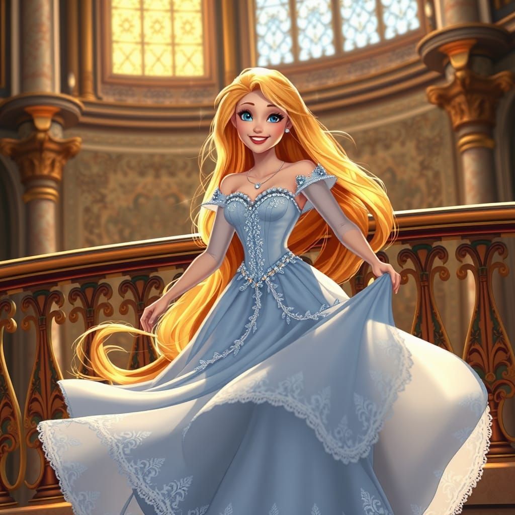 Princess Rapunzel in Blue Gown on Balcony