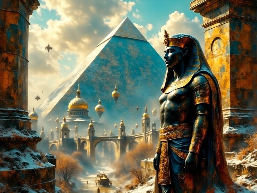Snowy Egyptian Statue in Futuristic Cityscape