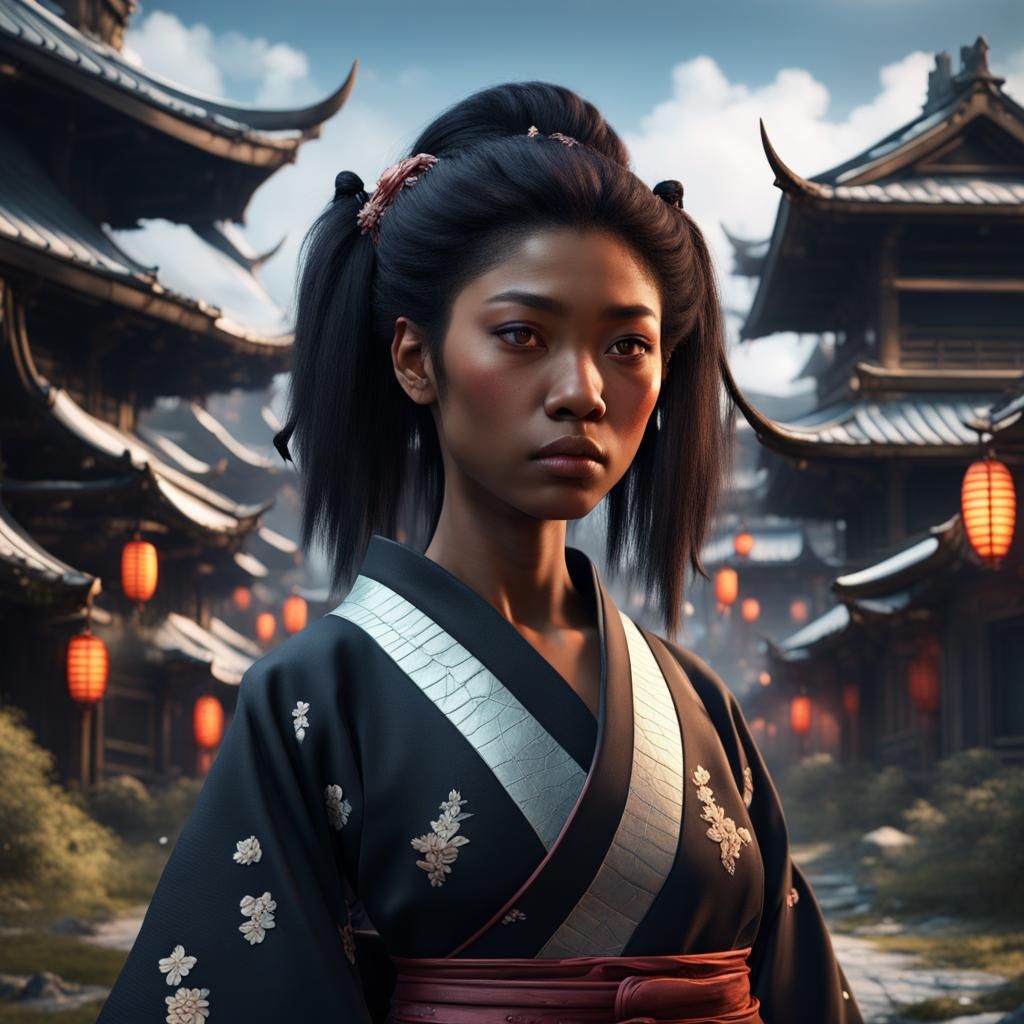 Black Japanese Teenage Girl: Detailed Matte Painting