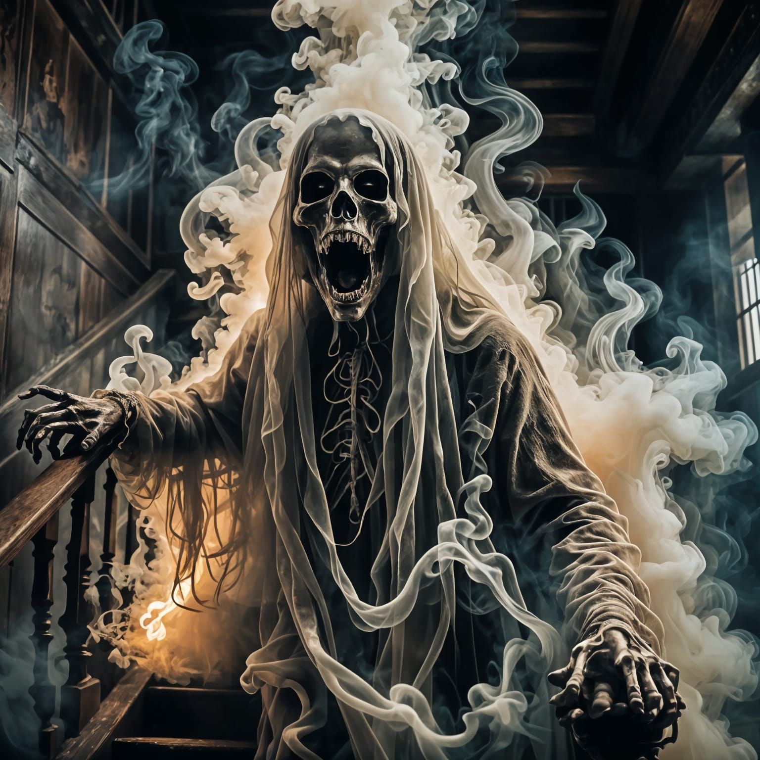 Neon Smoke Ghost Descending a Dark Staircase