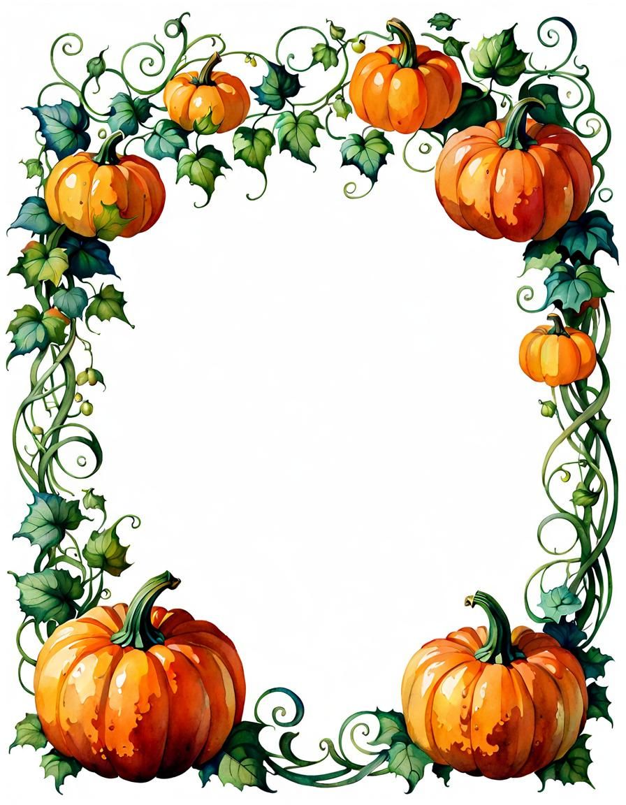 Pumpkin Border Frame in Art Nouveau Watercolor Style
