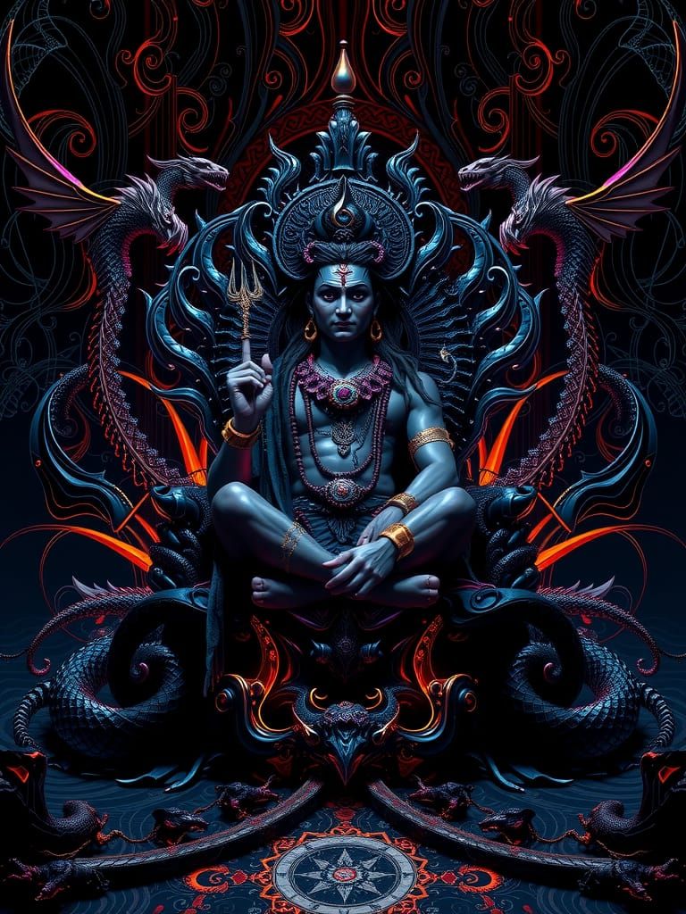 Lord Shiva on Iron Throne in Psychedelic Dark Fantasy