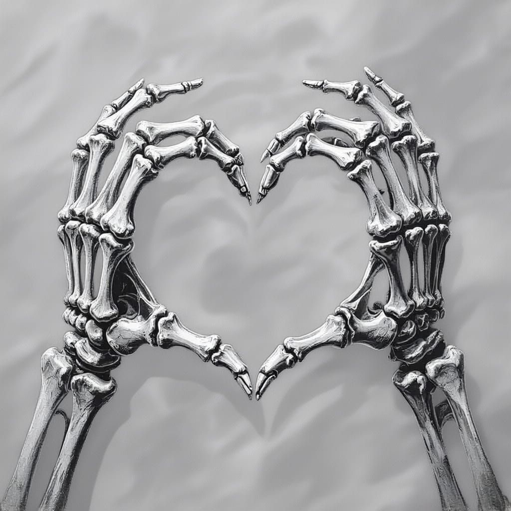 Skeleton Hands Forming a Heart, Detailed Charcoal Drawing