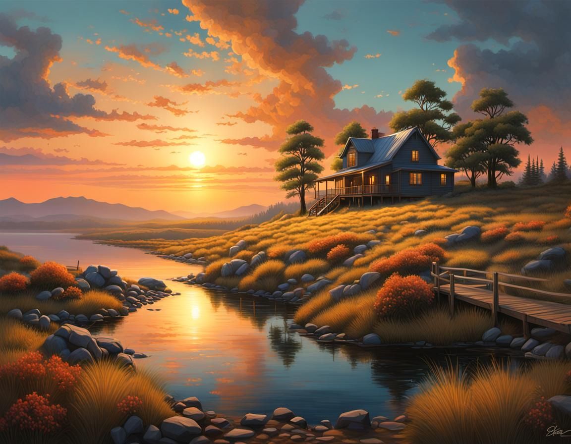 Colorful Twilight Landscape in Detailed Digital Painting Sty...