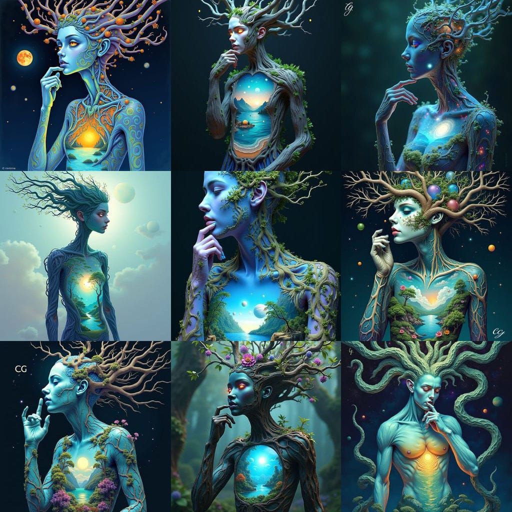 Surreal Human Form Blends Nature and Cosmos in Vibrant Color...