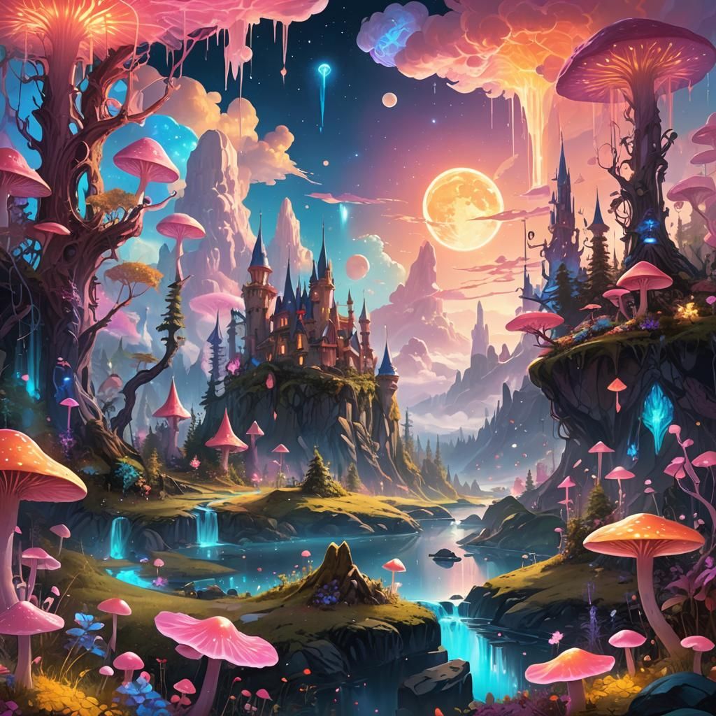 Fluorescent Sunset and Moonset in Dreamlike Landscape