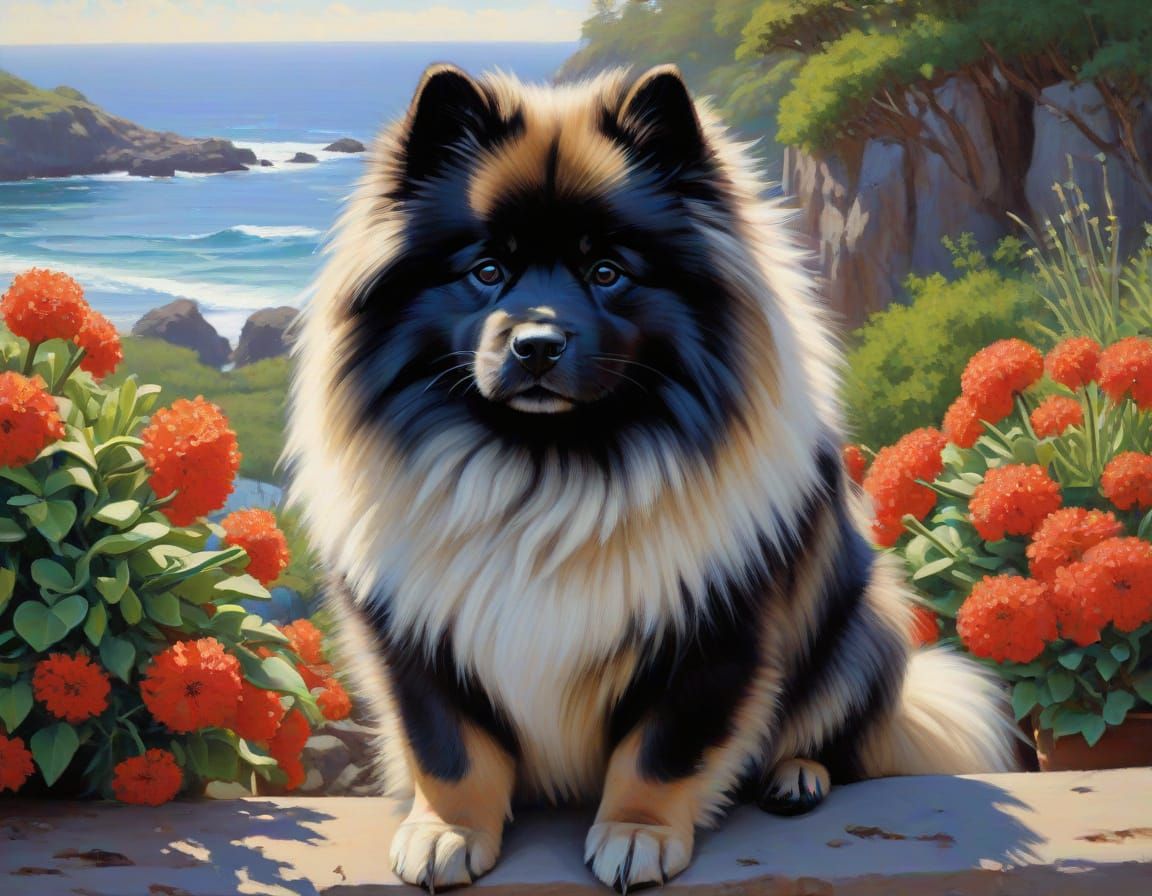 Island Keeshond with Kalanchoe in a Vibrant Oil Painting