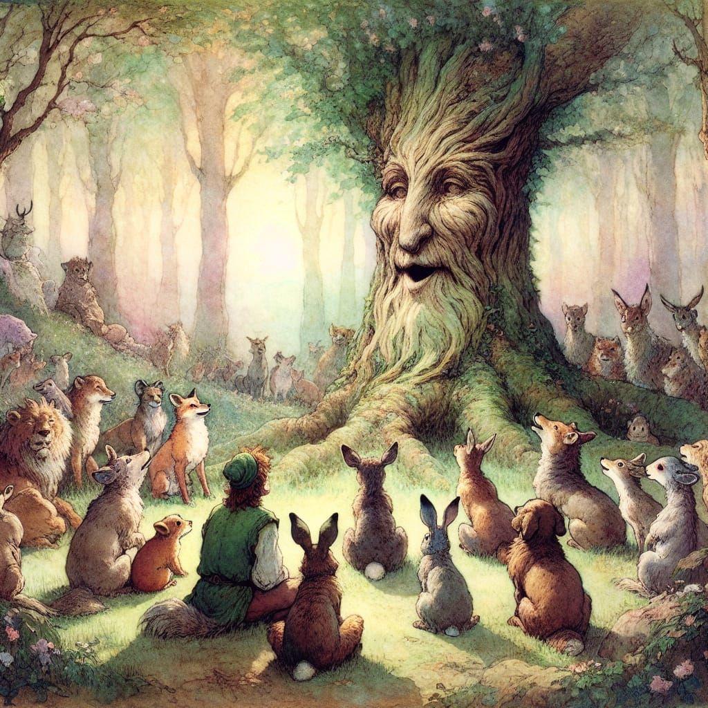 Ancient Tree Ent Telling Stories in Watercolor Style