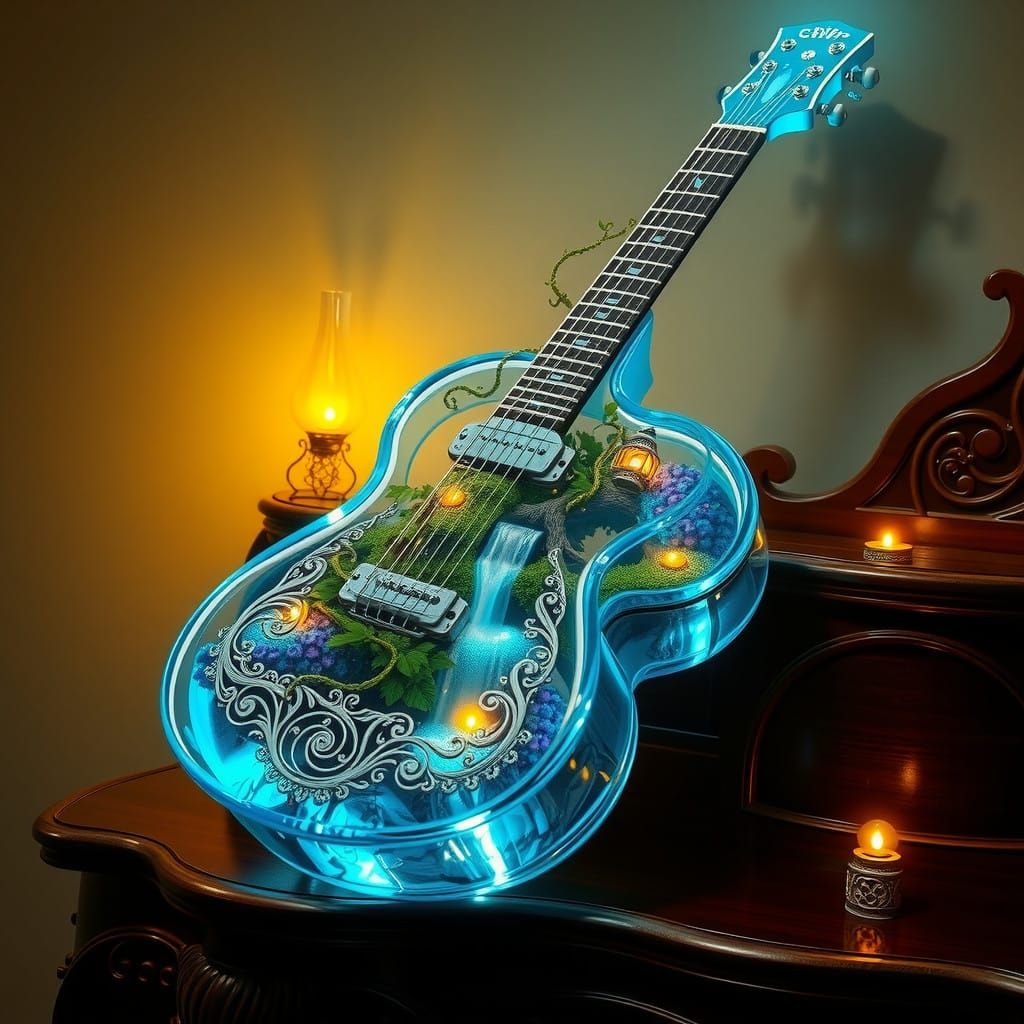 Electric Blue Crystal Guitar in an Otherworldly Garden