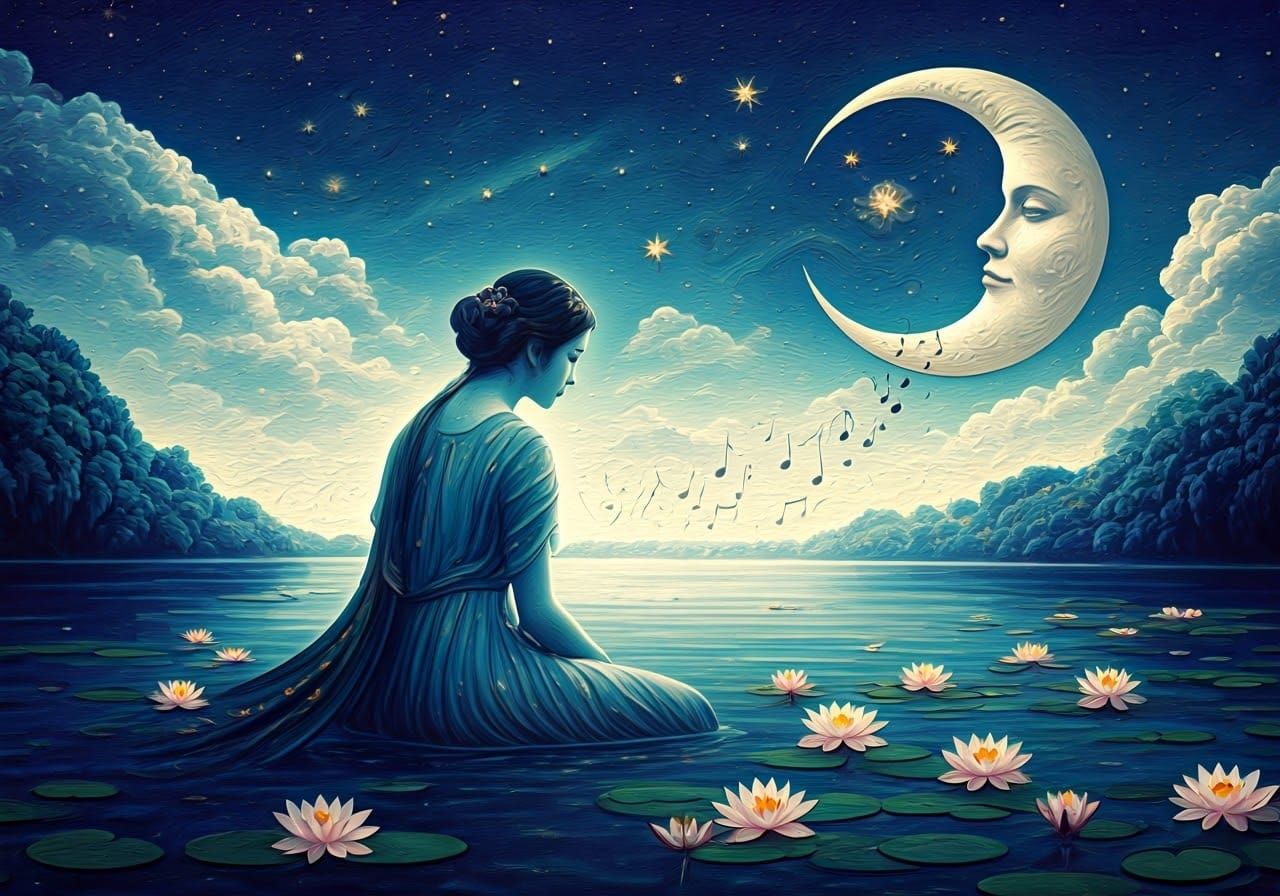 Chinese Woman in Lily Pond: Embossed Surrealist Oil Painting