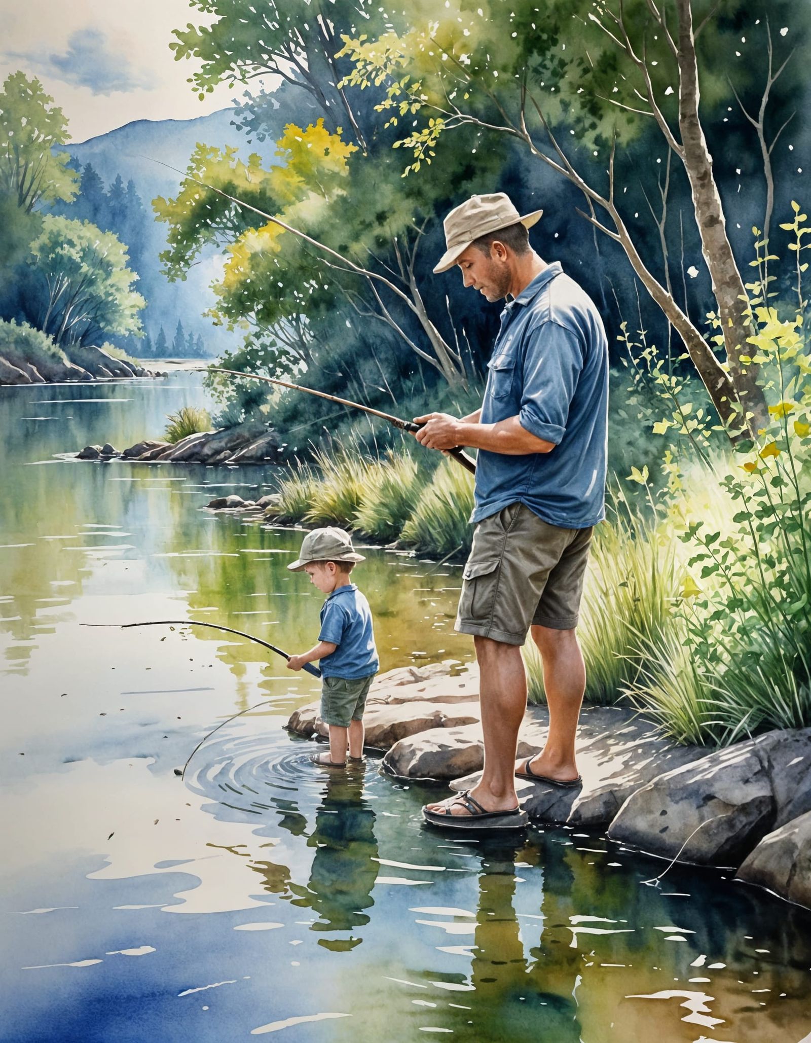Child's Watercolour Painting of Father and Child Fishing