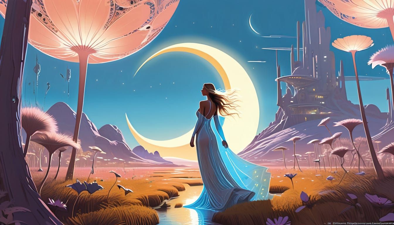 Serene Moonchild Gathering Flowers in a Dreamlike Garden