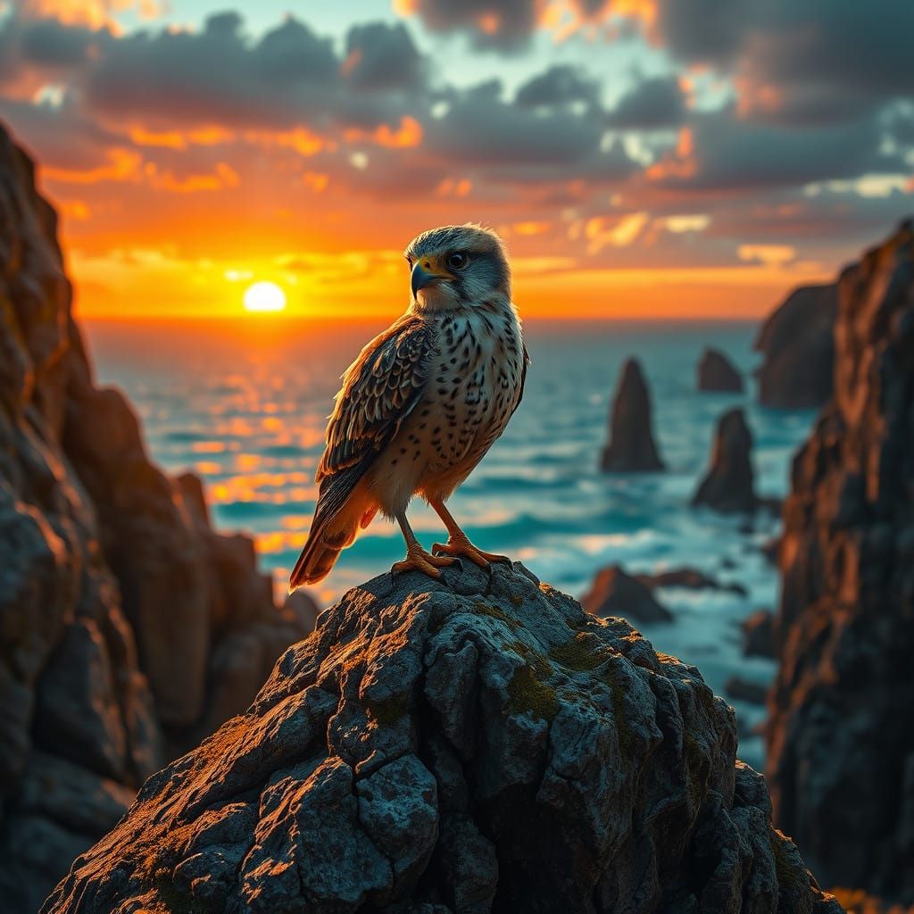 Fantasy Kestrel Silhouetted by Sunset