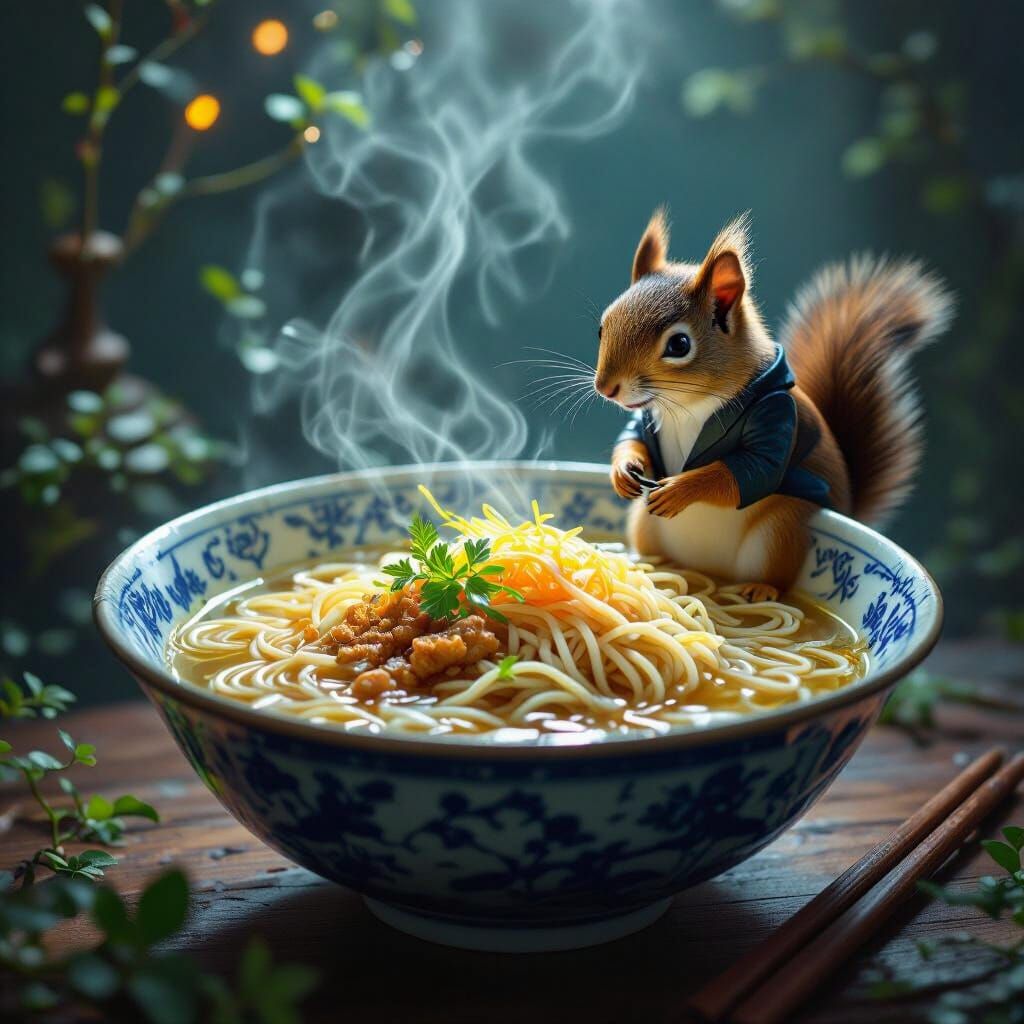 Ramen Bowl Crafted from Vines and Wires in Rembrandt Style