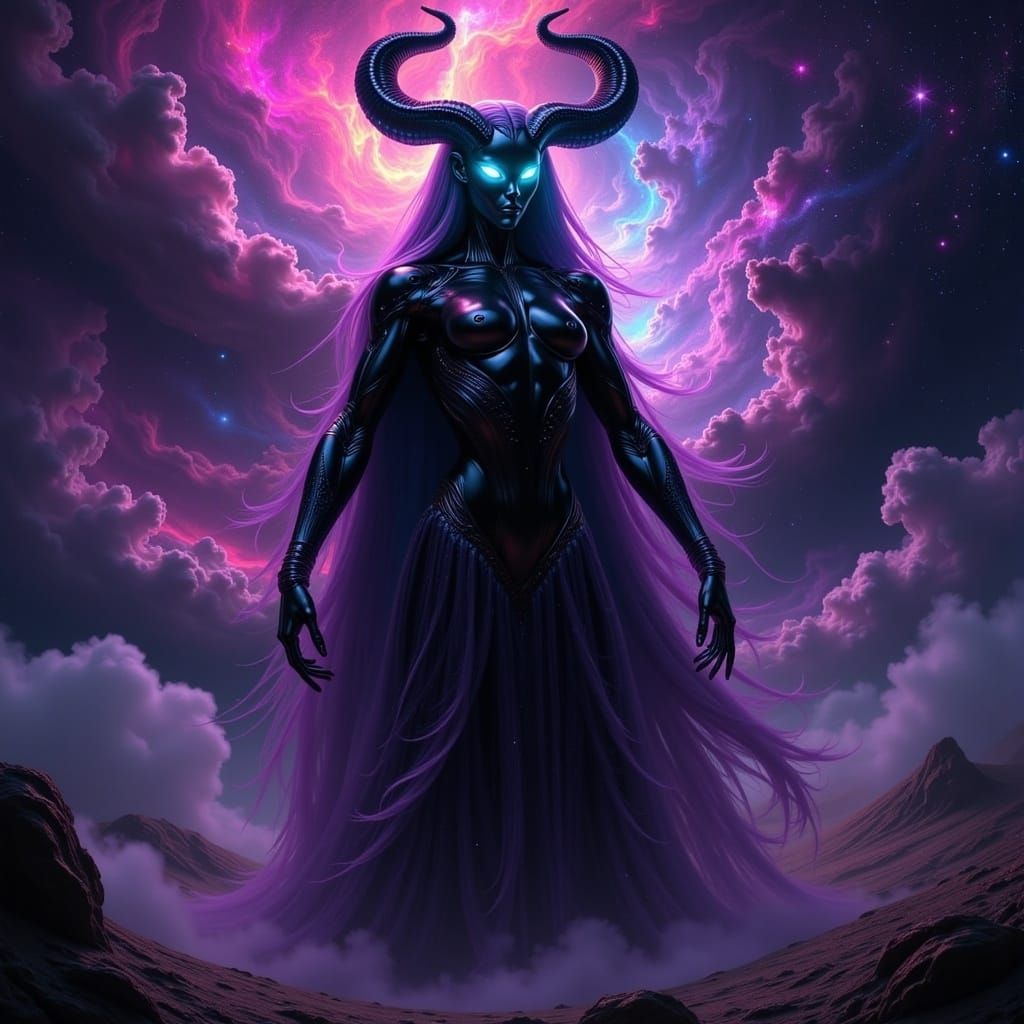 Mystical Horned Entity Emerges from Nebula in Surrealist Sty...