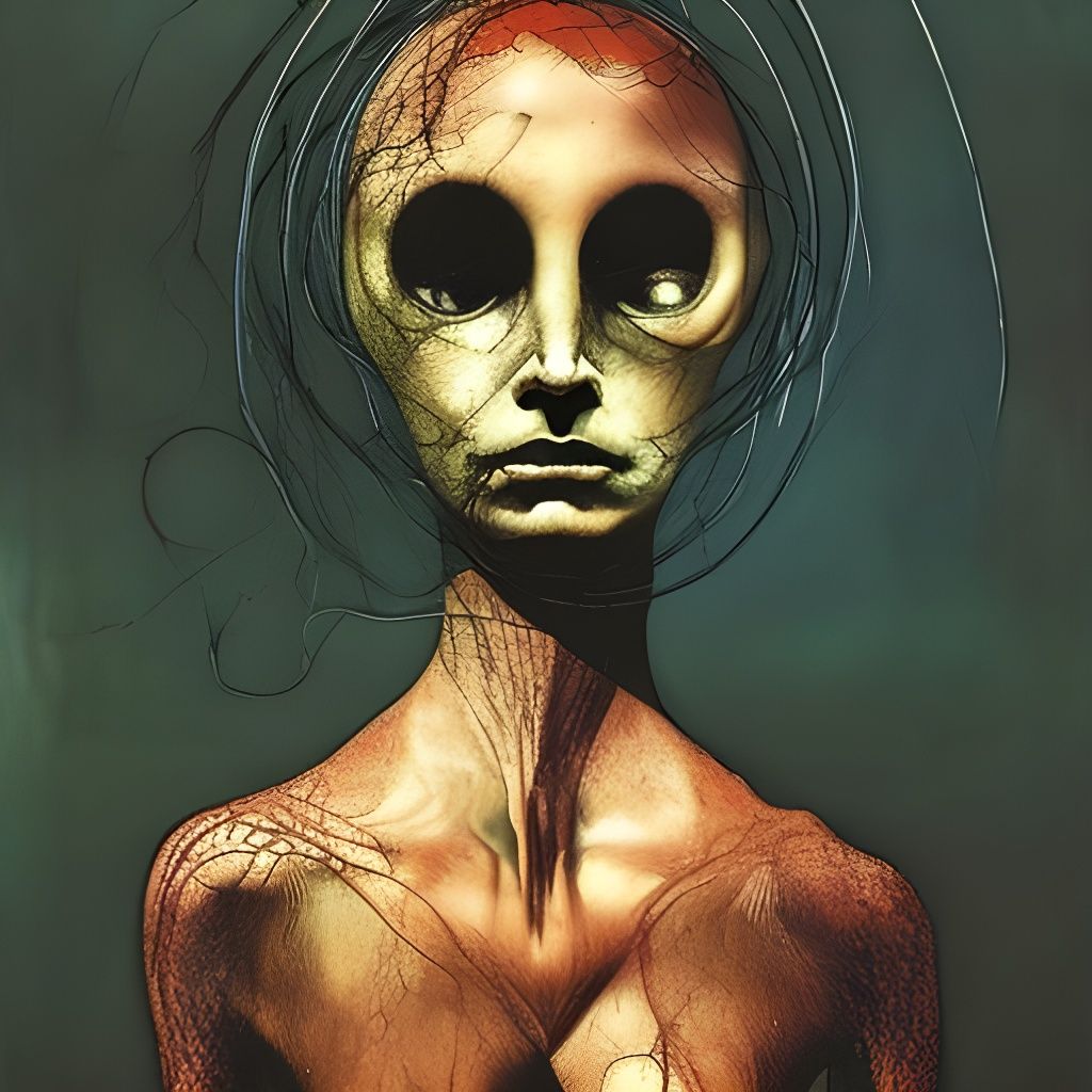 Surreal Woman with Pseudopod Head in Mixed Media