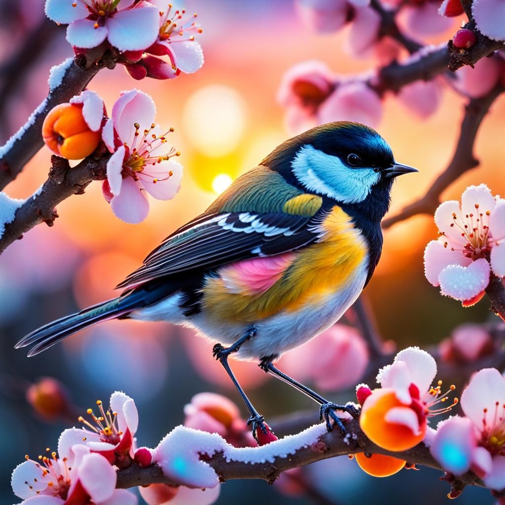 Tomtit on Apricot Tree in Photographic Style