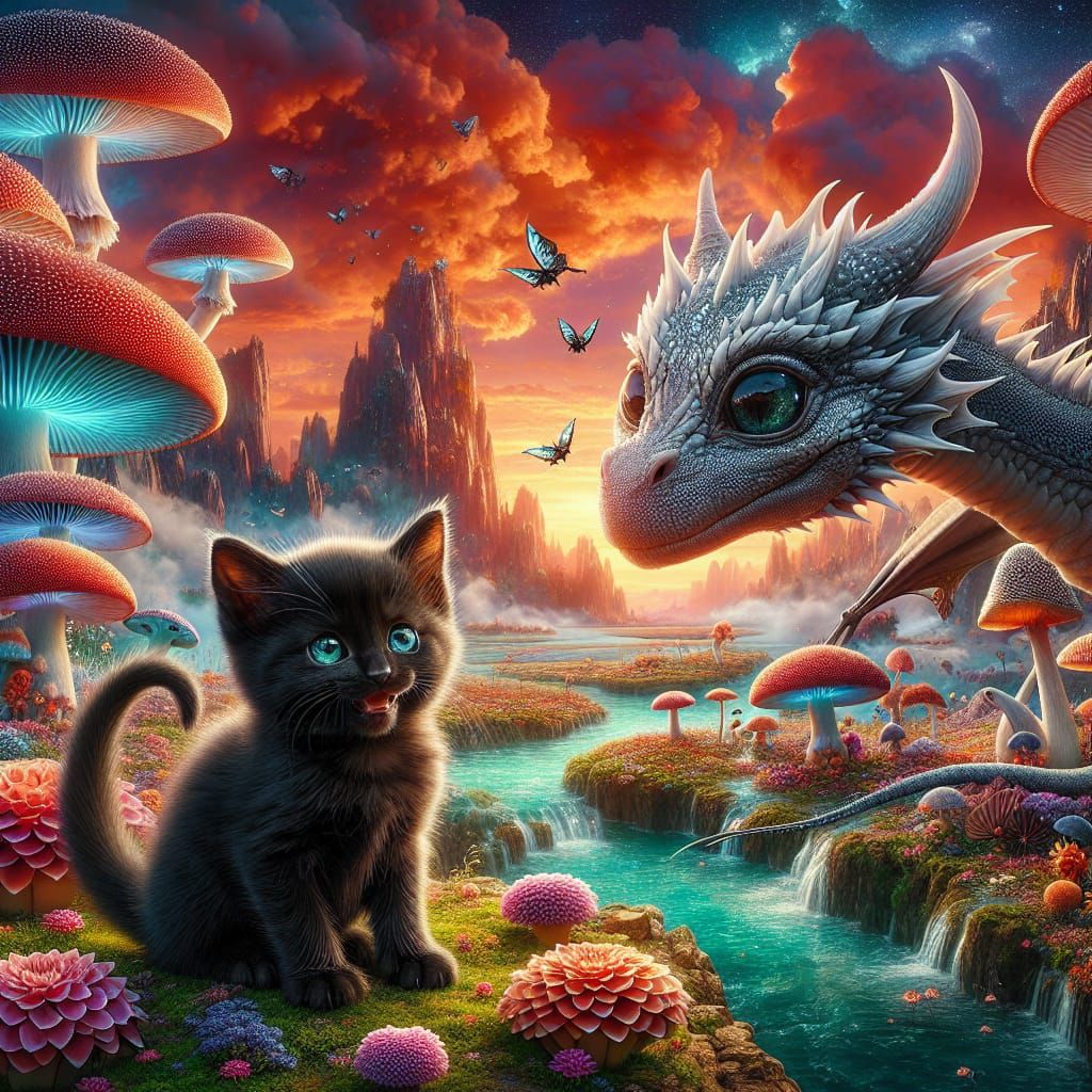 Whimsical Fantasy Realm with Joyful Kitten and Infant Dragon