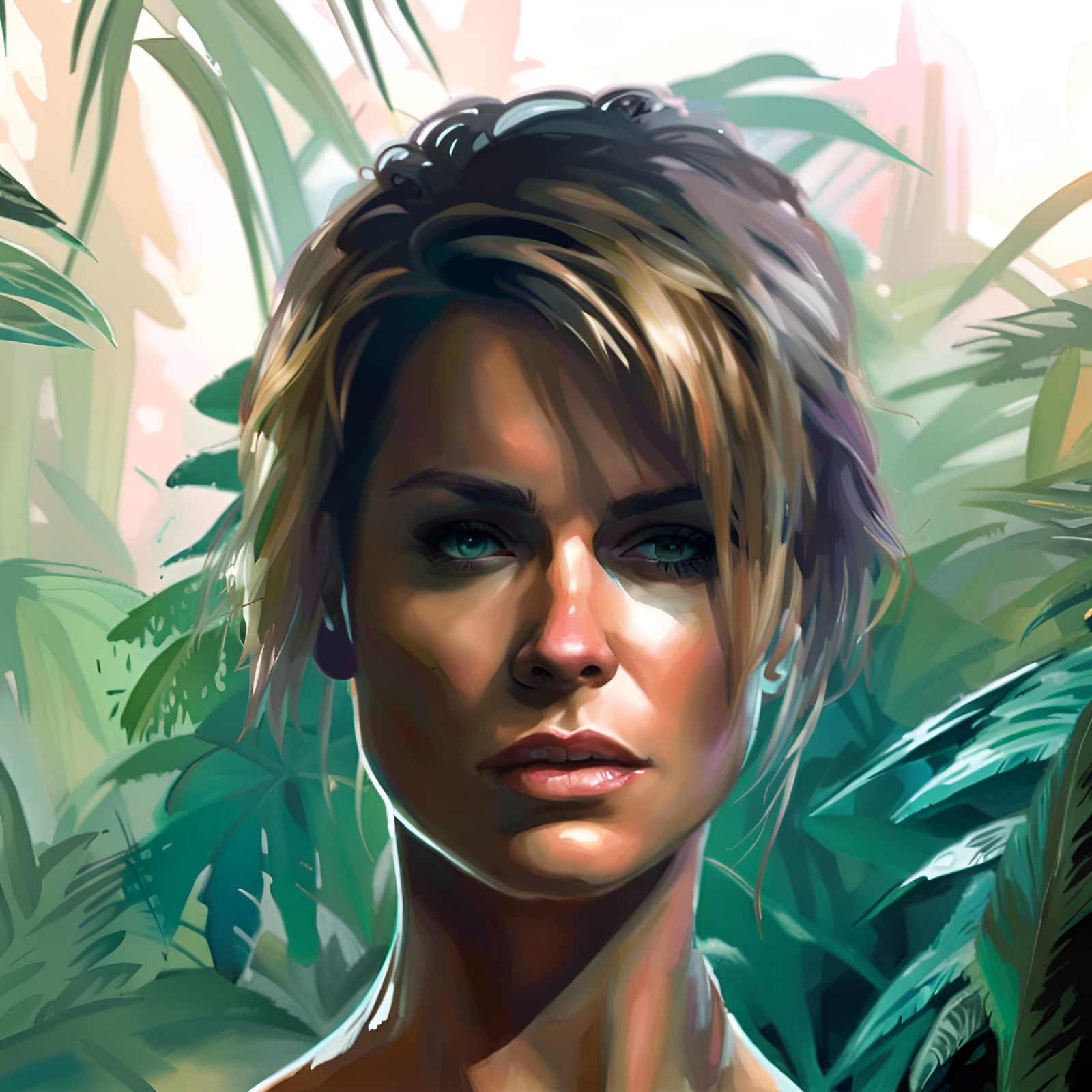 Sarah Connor, head and shoulders portrait, in jungle background