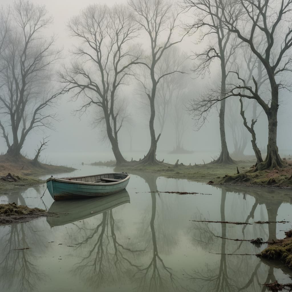 Misty Waterscape with Sunken Boat in Soft Focus