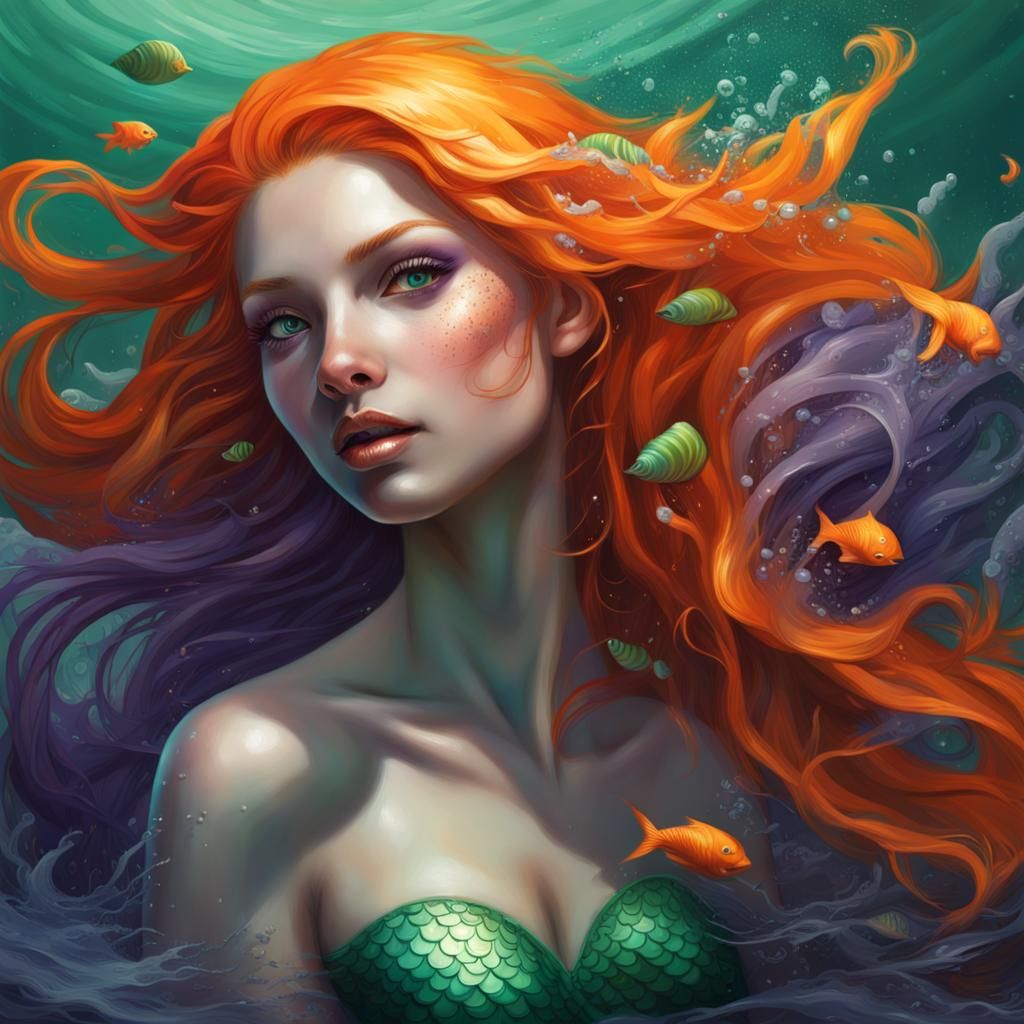 Hyperrealistic Mermaid with Orange Hair, Digital Art