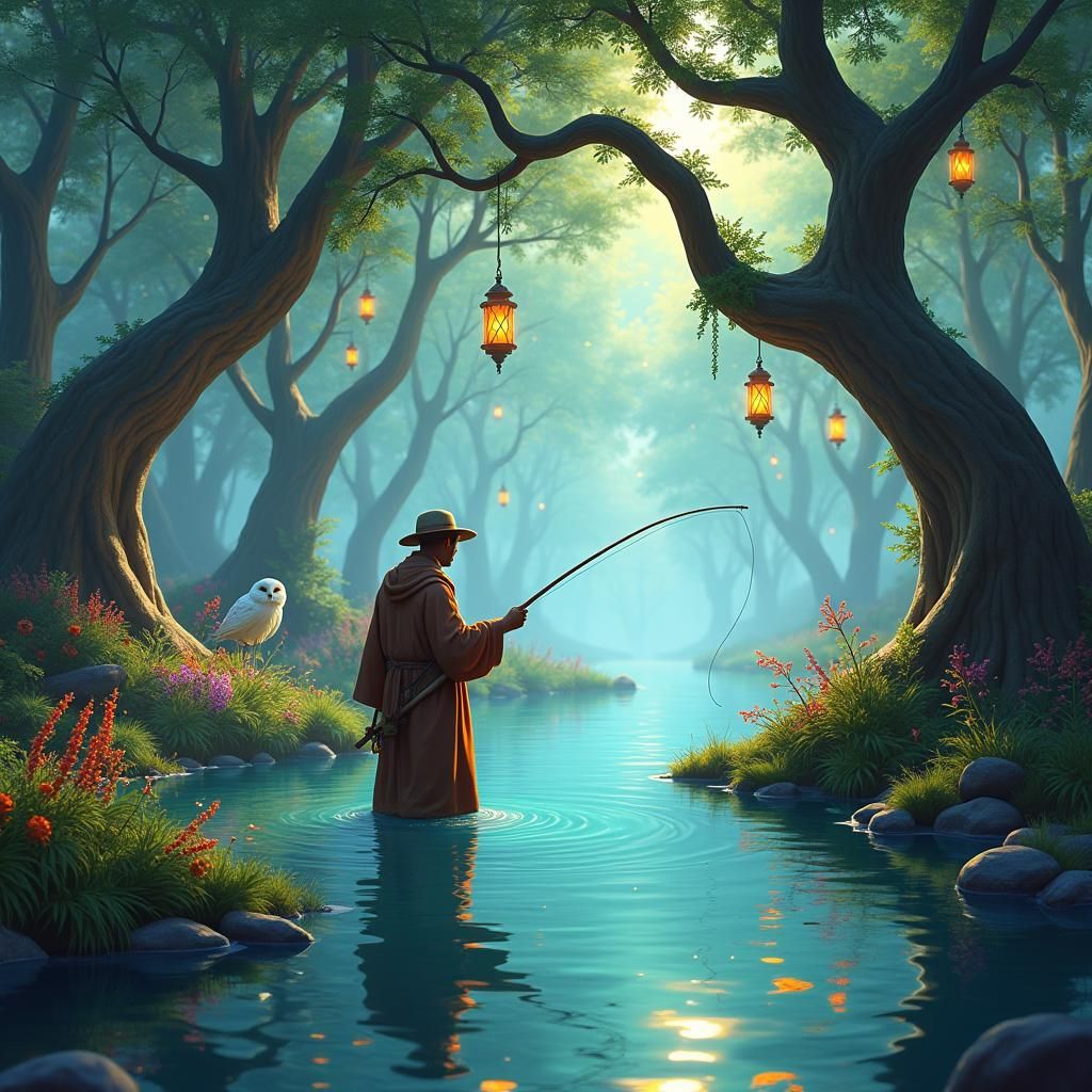 Idyllic Fisherman in Animal-Filled Forest