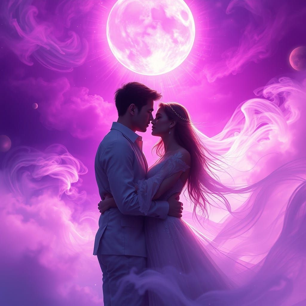 Dreamlike Couple Embracing in Vibrant Purple Hues