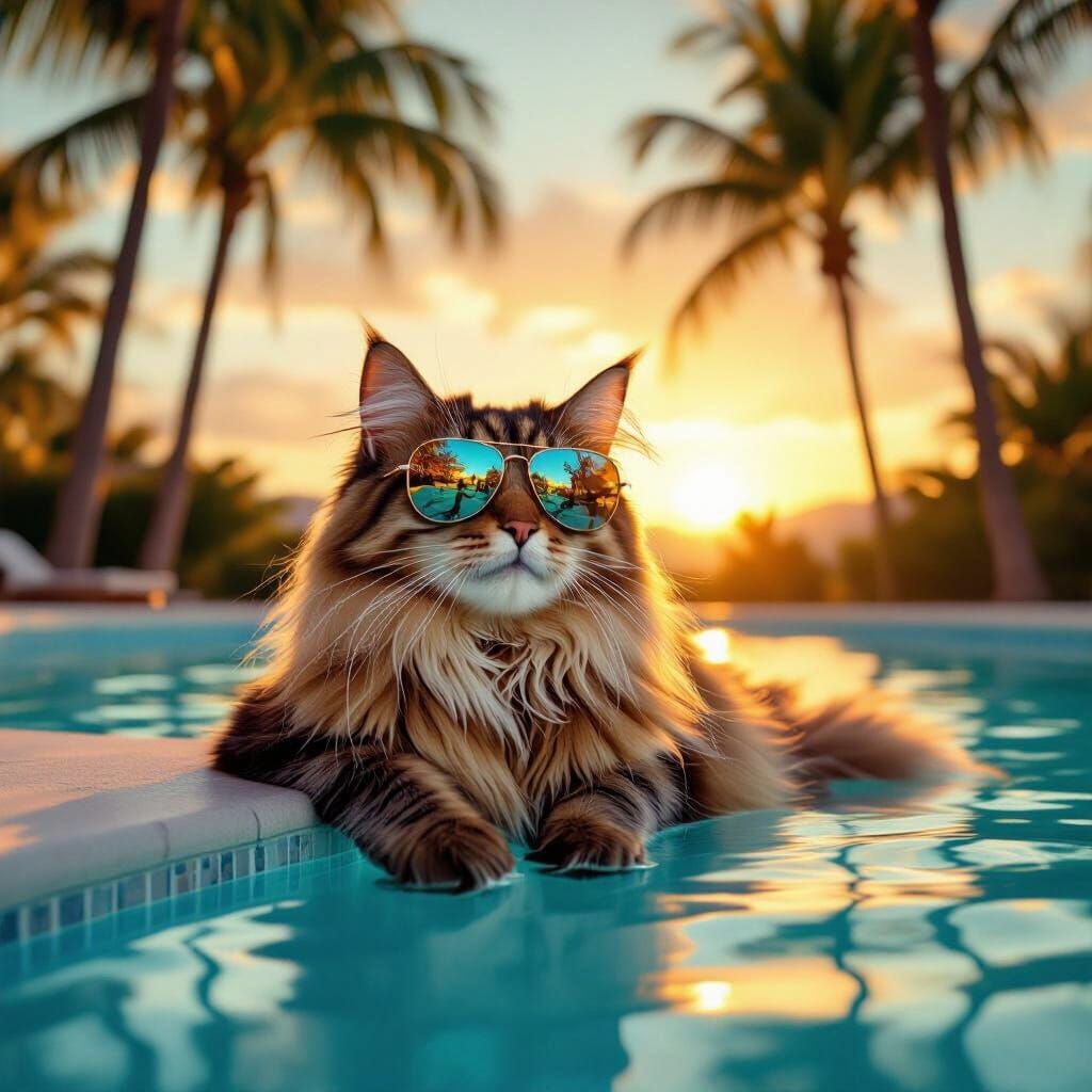 Cat in Sunglasses by Pool, Photorealistic Rendering