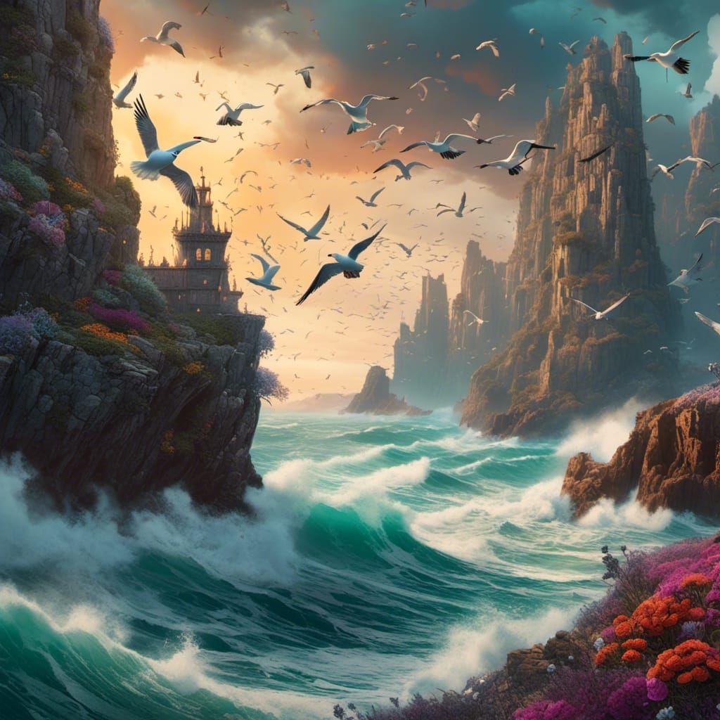 White Cliffs and Seagulls Over Agitated Sea