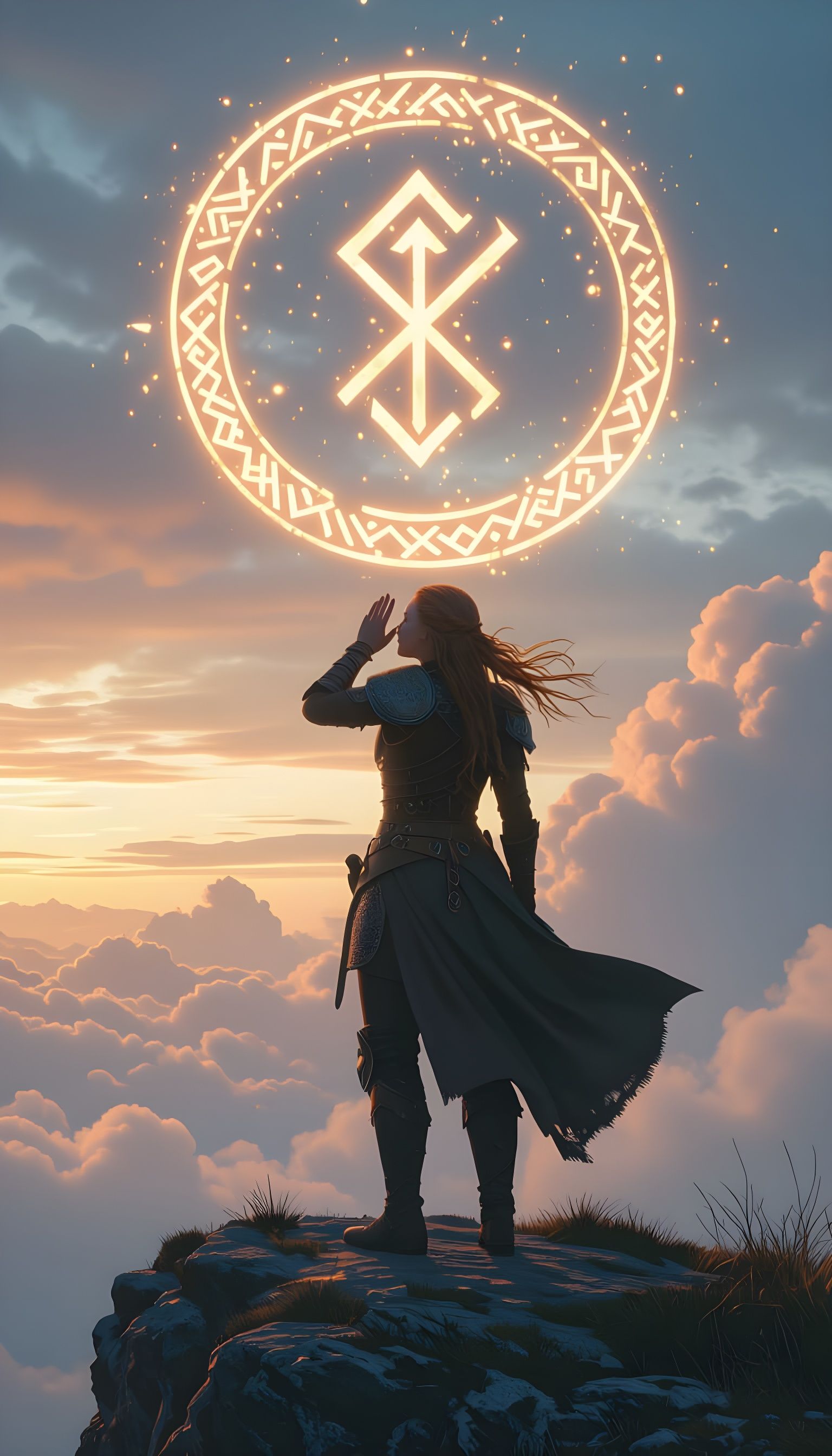 Nordic Shieldmaiden Whispering with Glowing Runes