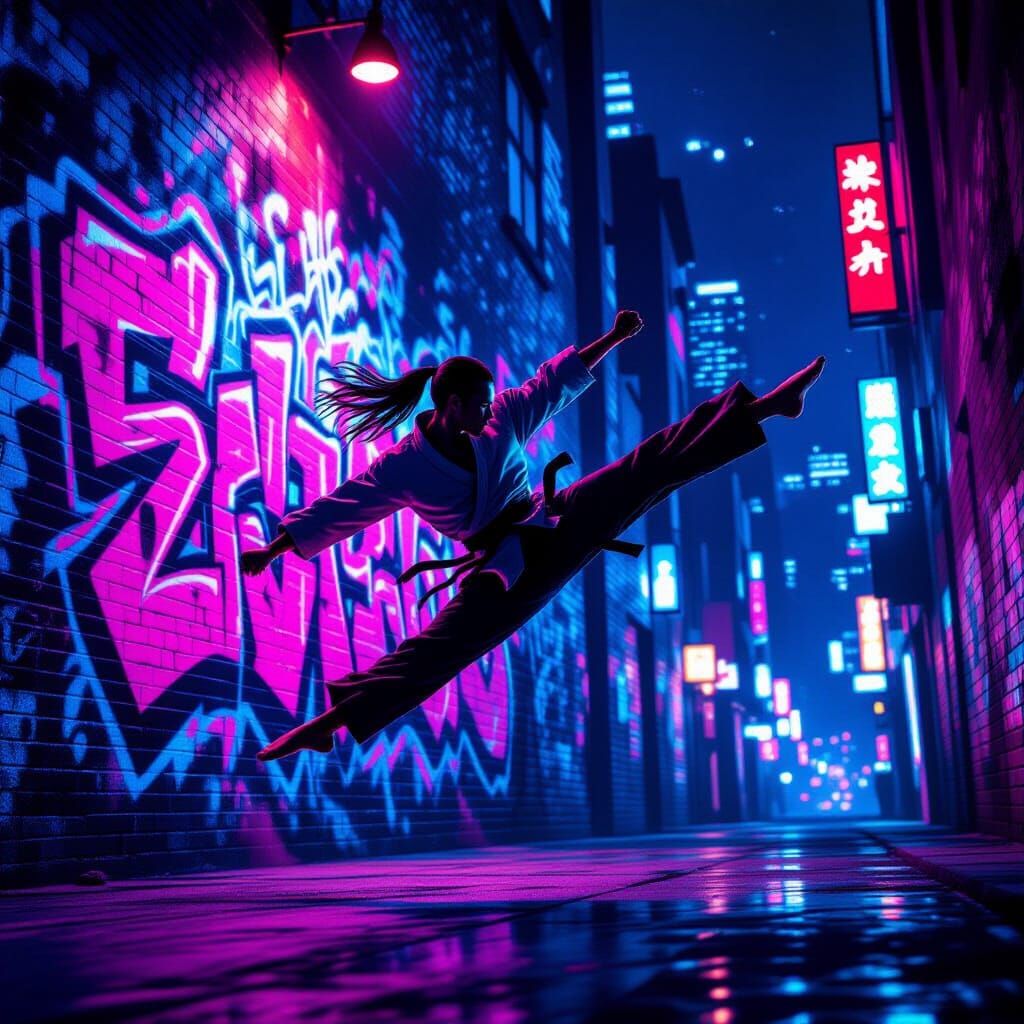 Martial Artist Mid-Air Kick Against Graffiti Wall
