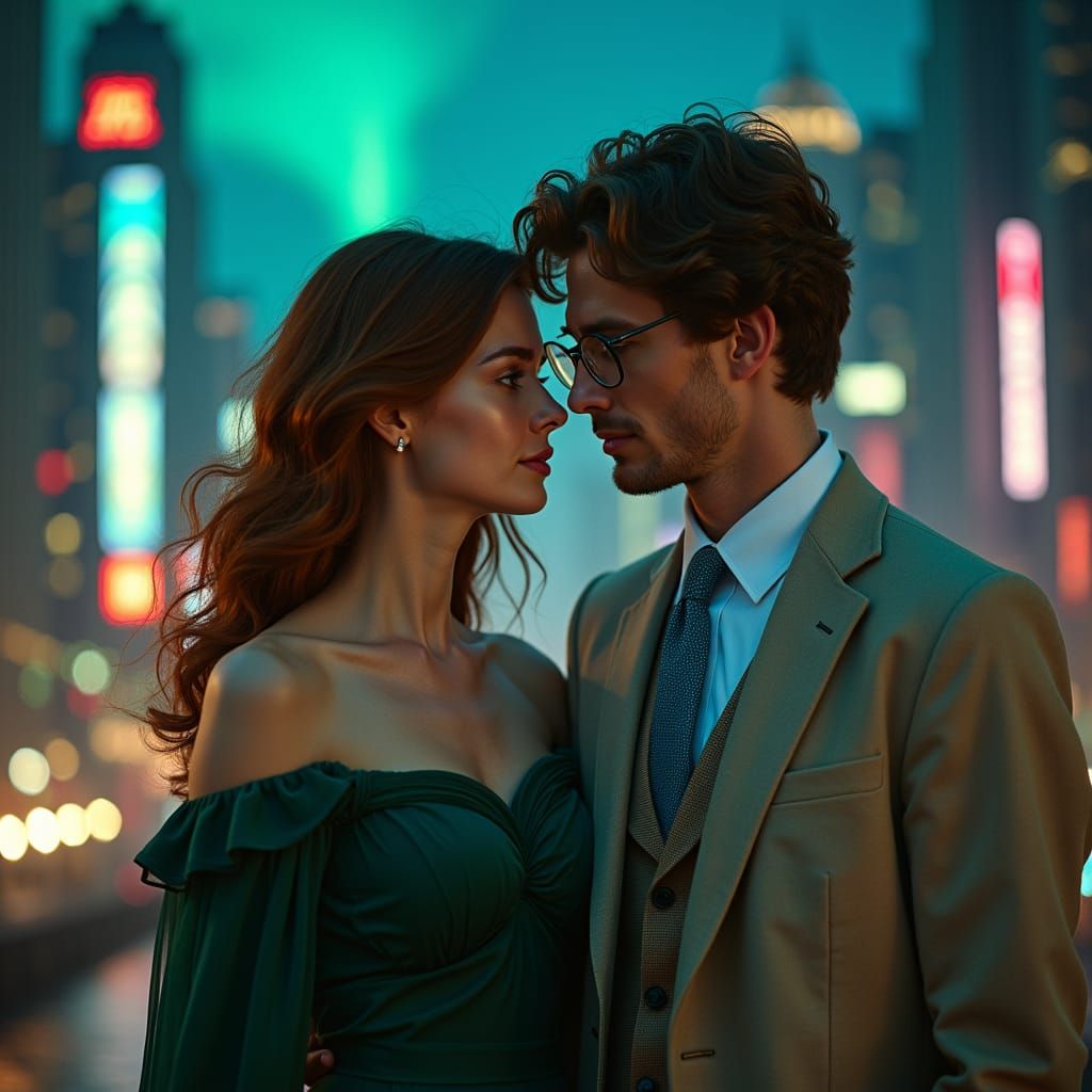 Romantic Couple in City Lights, Cinematic Style