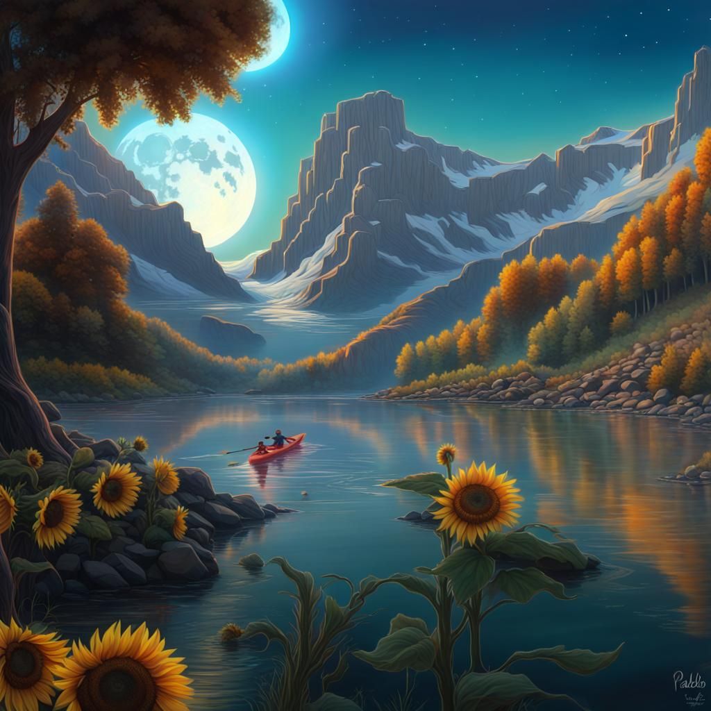 Sunflowers, Moon, and Kayakers in Astral Illustration