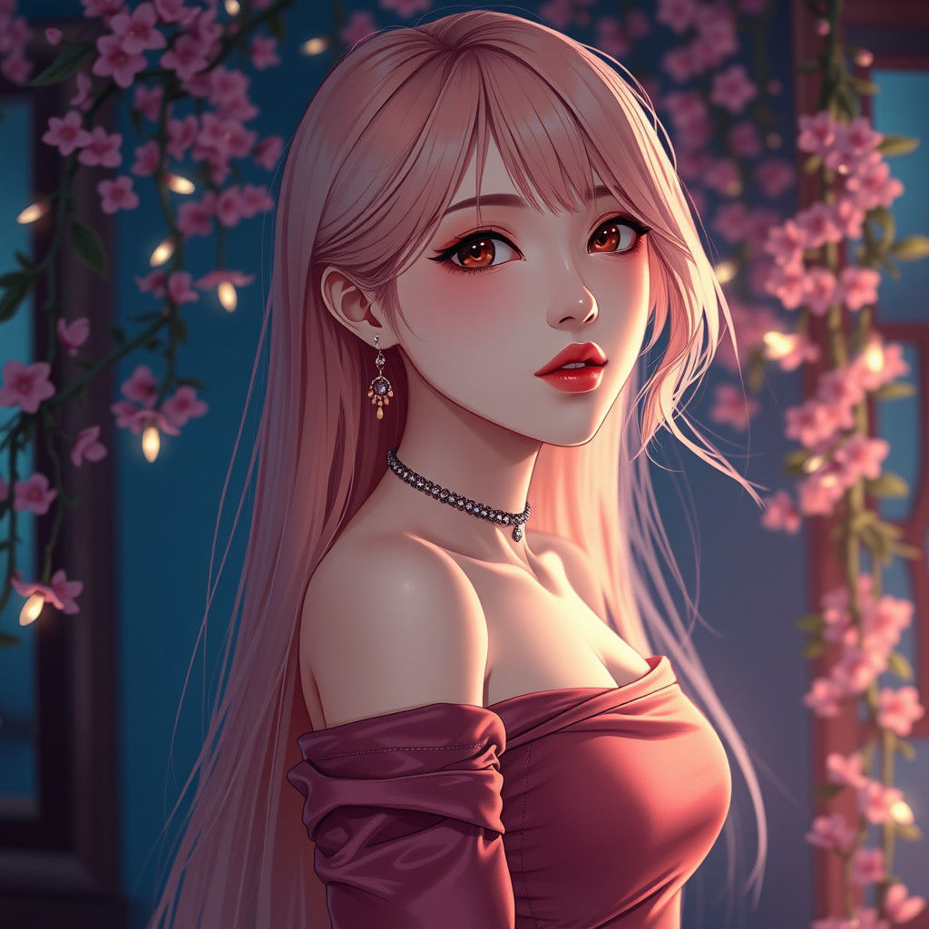 Anime Portrait of Woman with Peach and Pink Hair