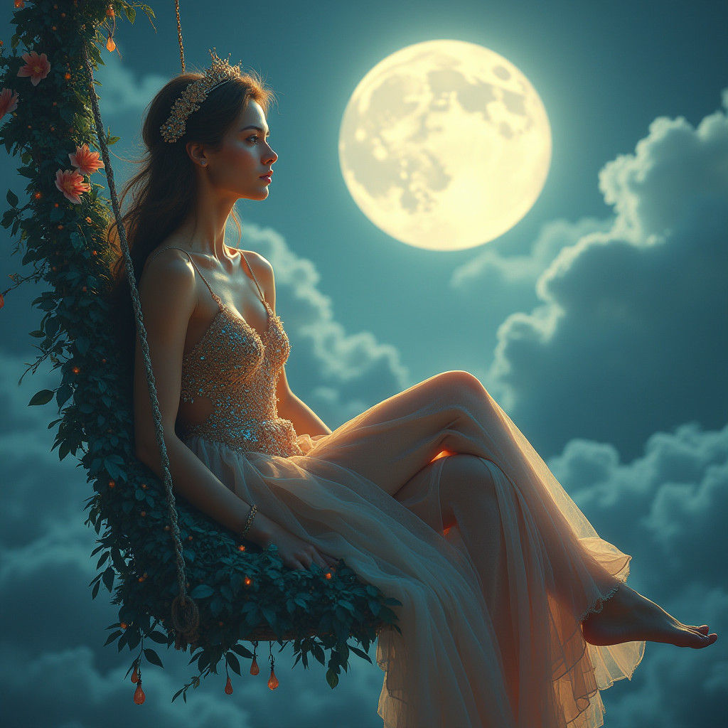 Woman in Clouds with Moon: Hyperrealistic Matte Painting