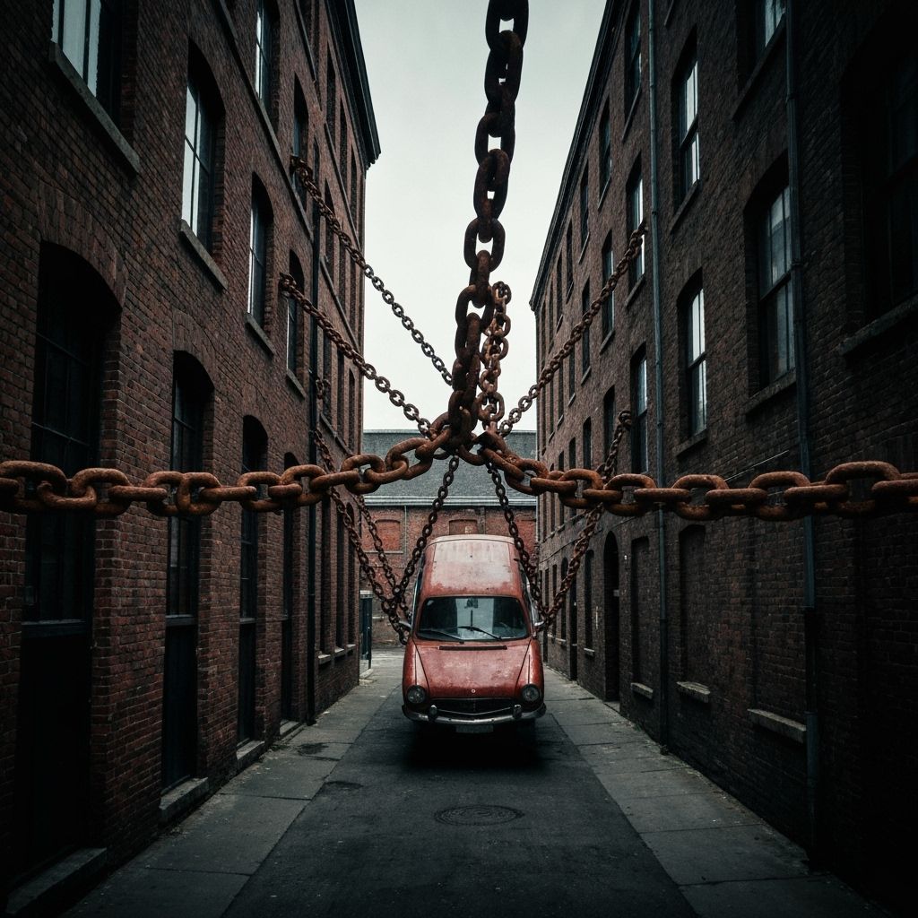 Dramatic Drone Shot of Cars Suspended by Chains