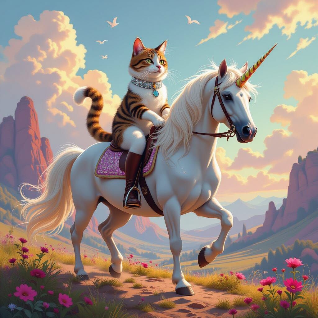 Cat Riding a Unicorn in Dreamy Fantasy Style