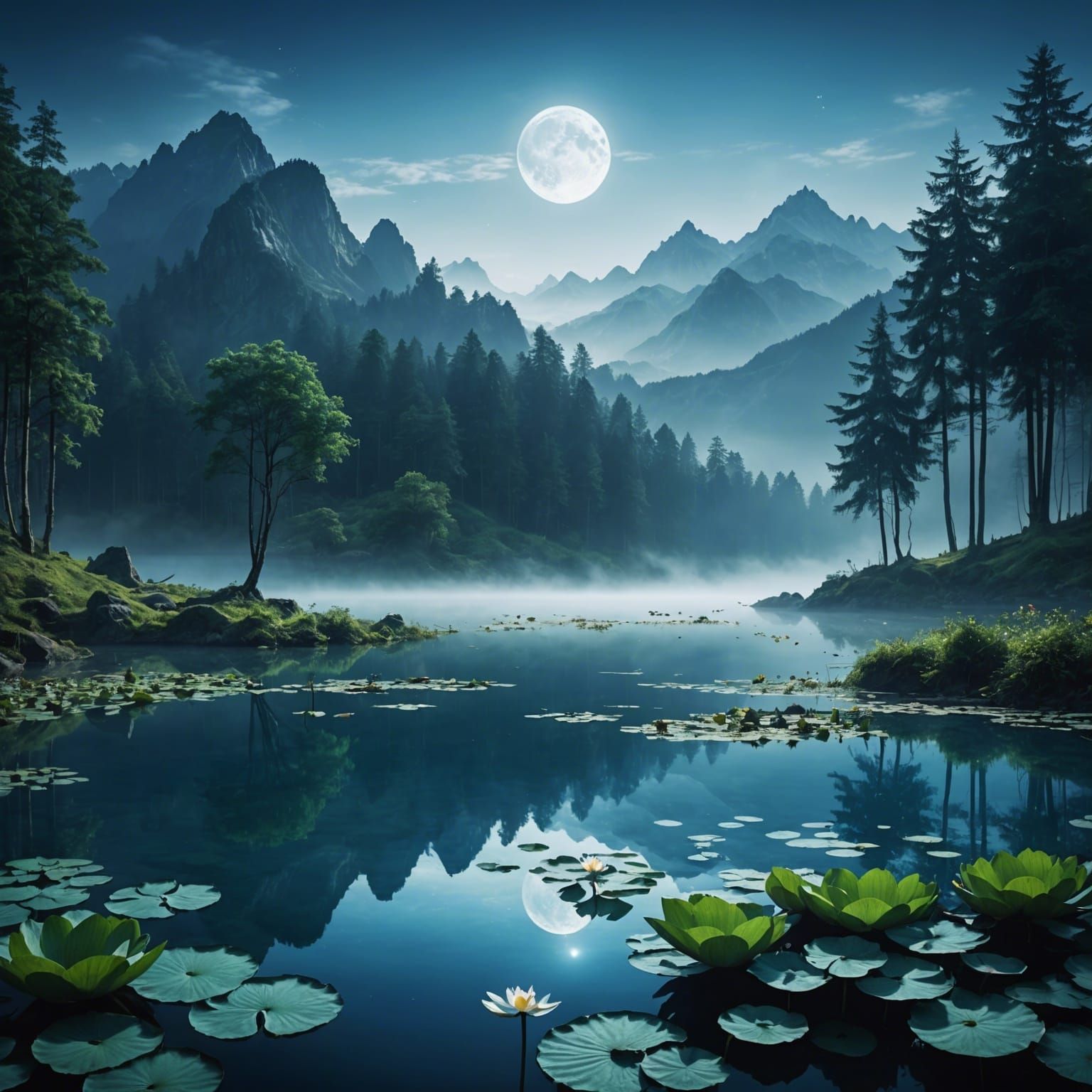 Mystical Mountain Forest and Lake Digital Painting