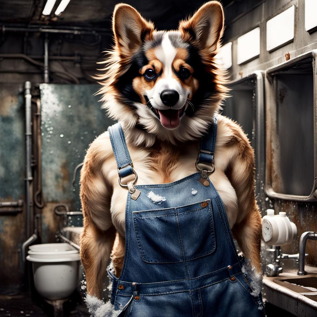 Anthropomorphic Corgi in Grimy Restroom, Hyperrealistic 3D