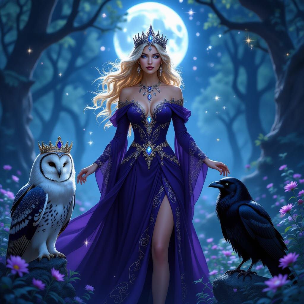 Enchantress in Moonlit Forest, Fantasy Art