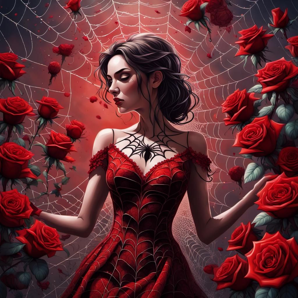 Woman in Spiderwebs with Roses: Splash Art
