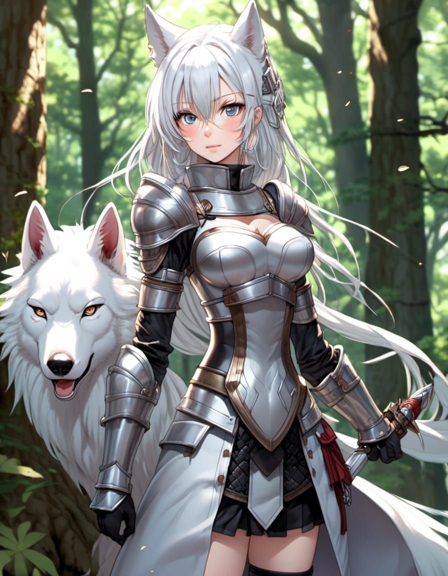 Anime Knight Girl with Wolf Ears in Forest
