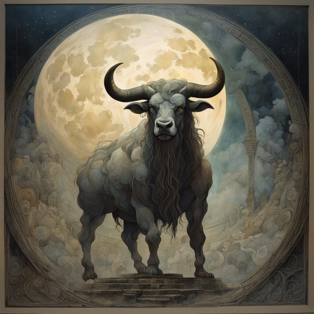 Mythic Minotaur Illuminated by a Clouded Moon