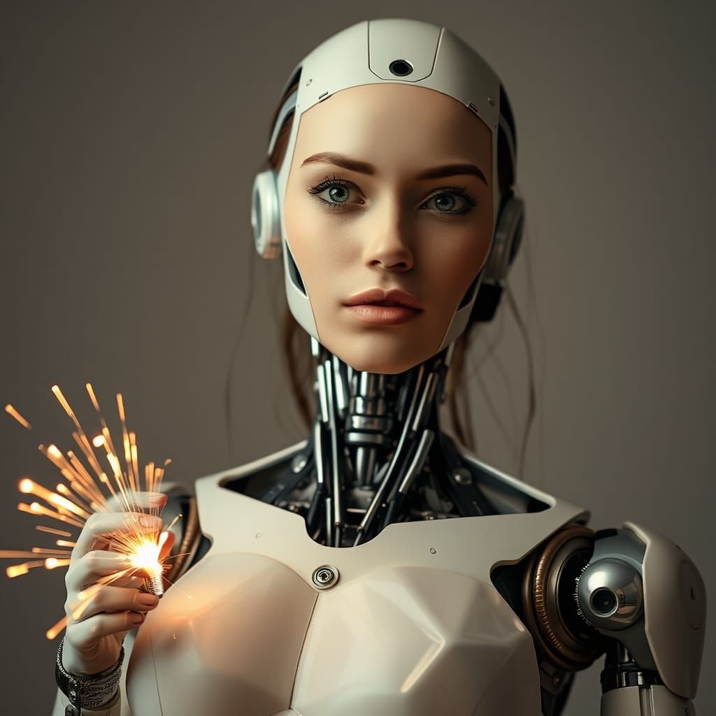Beautiful Woman Repairs Robot with Electric Sparks