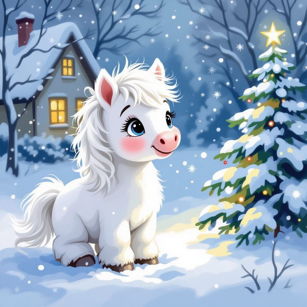 Fluffy White Horse and Snowflakes in Watercolor