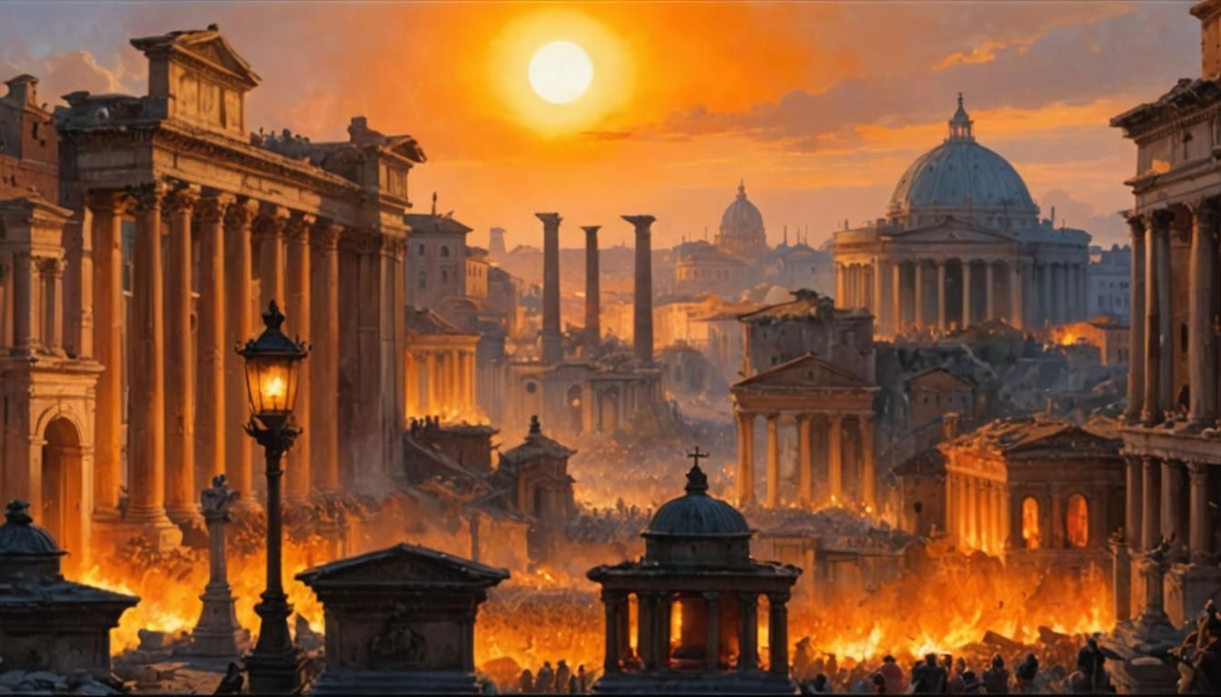 Bustling Ancient Rome Sunset in Baroque Style