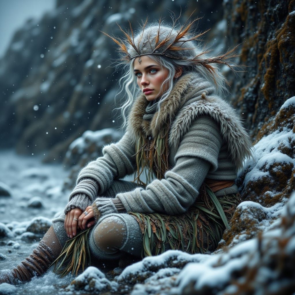 Snow Selkie Sea Maiden on Stormy Shore