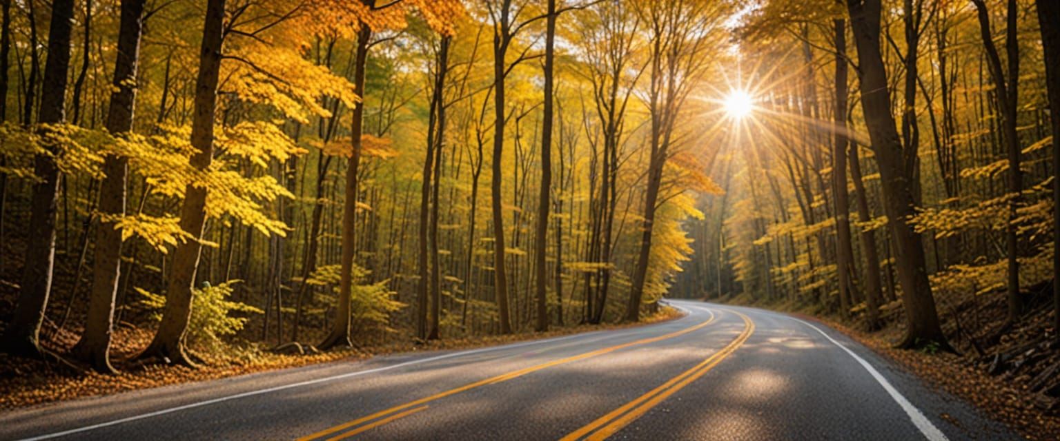 Autumn Road with Heavenly Sunshine Beams in Soft Focus
