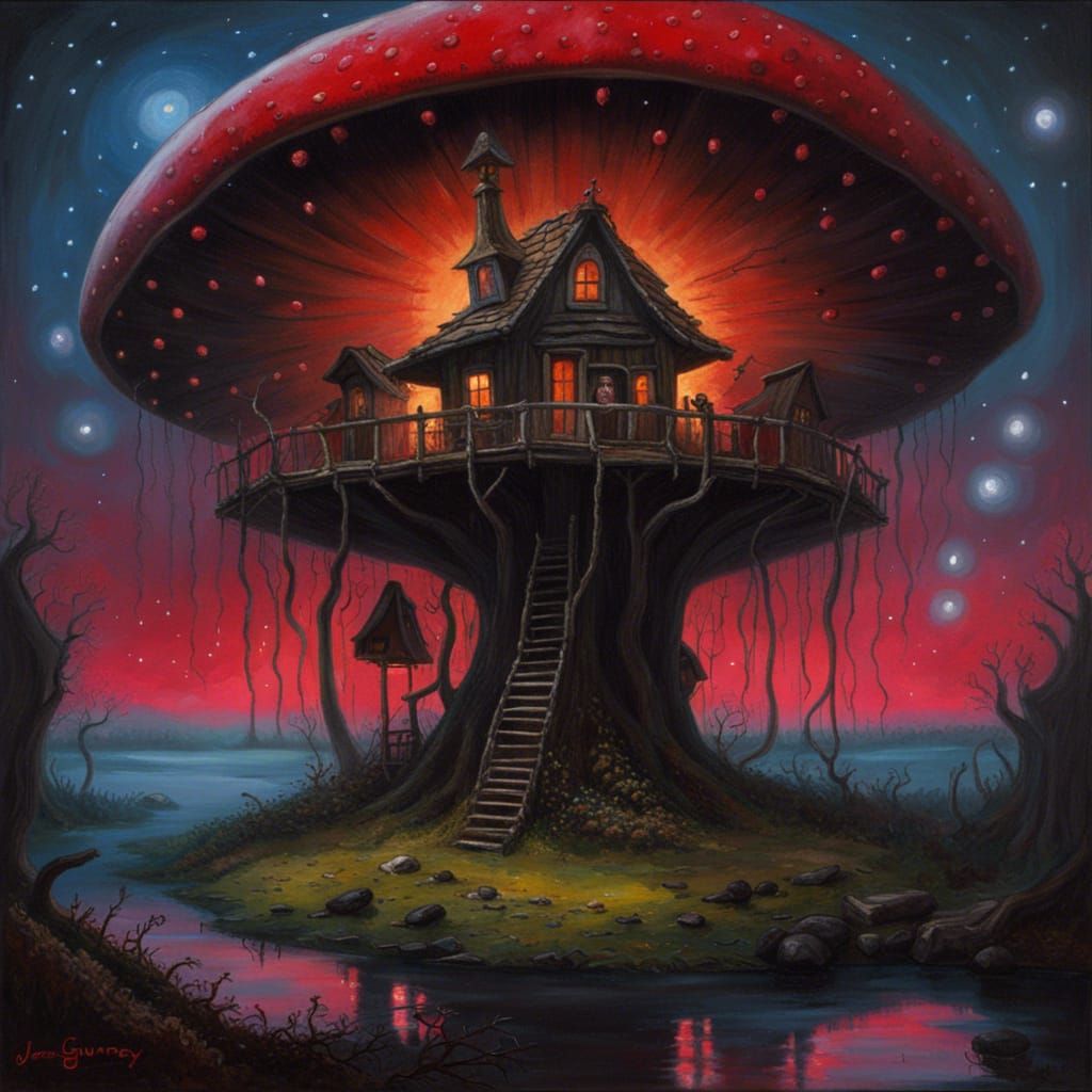 Gothic Horror Treehouse in Giant Mushroom, Oil Painting