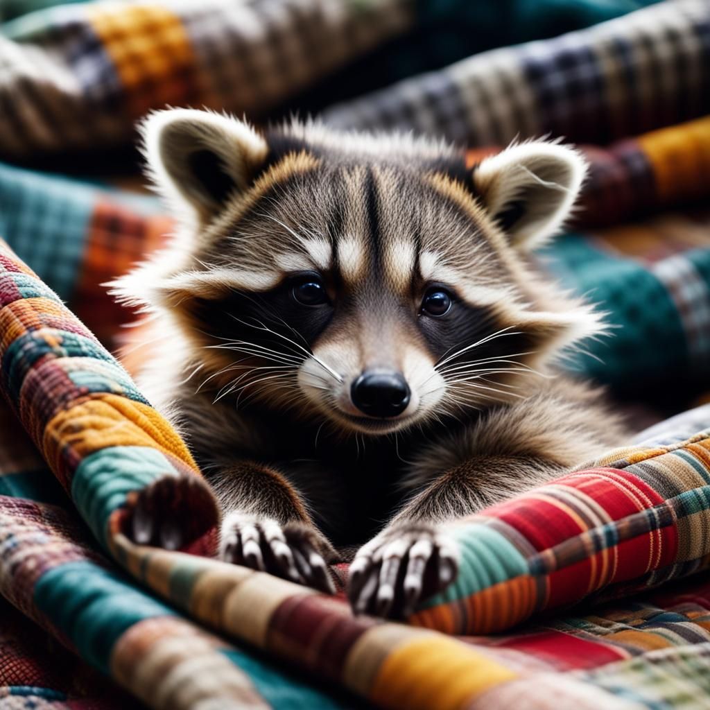 Sleeping Baby Raccoon on Cozy Quilts Photograph